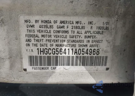 2001 Honda Accord 2.3 Lx from USA, damaged, VIN 1HGCG56411A054968